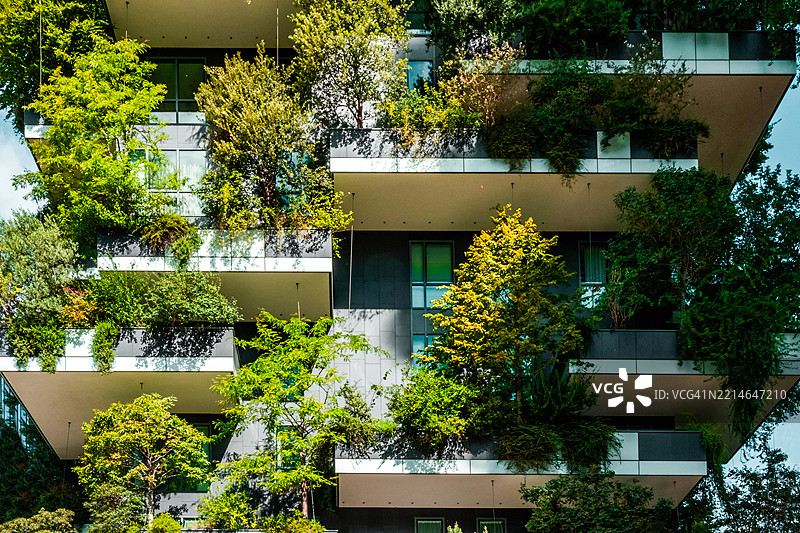 现代可持续住宅建筑，配有郁郁葱葱的垂直花园和树木图片素材