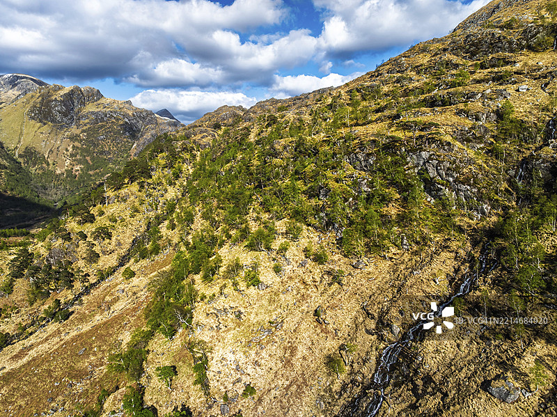 从无人机拍摄的格伦内维斯谷和纳维斯河，位于苏格兰洛哈伯的威廉堡，欧洲联合王国图片素材