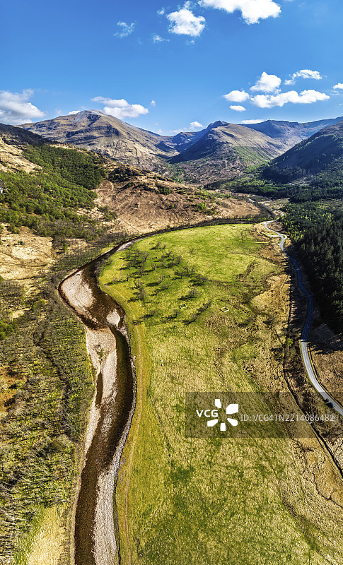 从无人机拍摄的格伦尼维斯山谷和纳维斯河全景，位于苏格兰洛哈伯的威廉堡，欧洲。图片素材