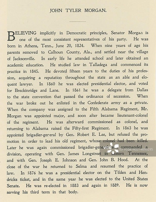 约翰·泰勒·摩根（出生于1824年6月20日）是一位美国政治家，在美国内战期间担任南方联盟军的准将。图片素材