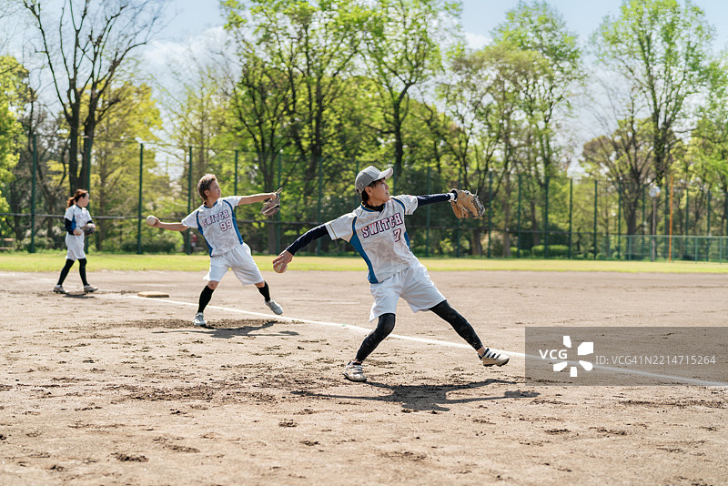 东京郊区阳光明媚的球场上，女子垒球队正在练习图片素材
