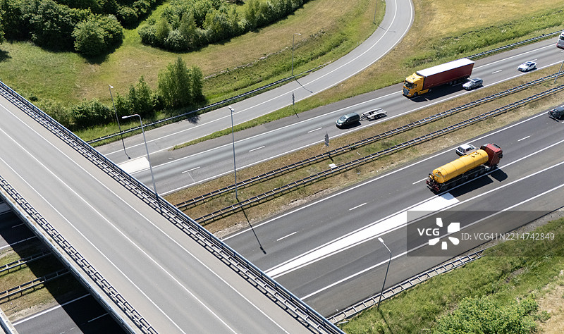 荷兰高速公路上卡车和风景的无人机航拍视图图片素材