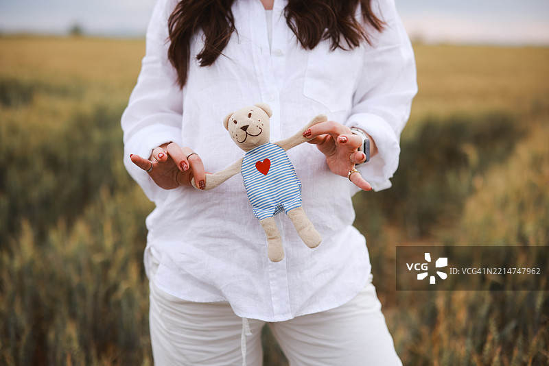 怀孕的女人在自然的草地上站着，手里抱着一只泰迪熊玩具图片素材