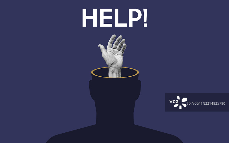 心理困扰概念。手从人头中伸出，寻求“帮助！”图片素材