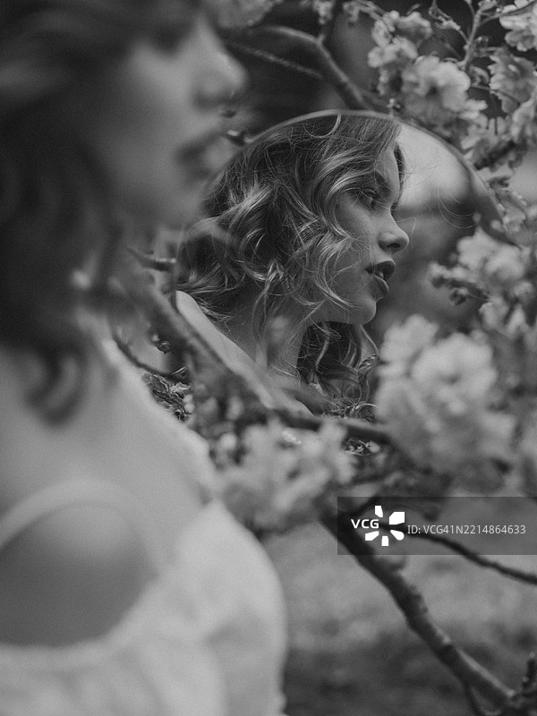 一位女性与盛开的树木的肖像图片素材
