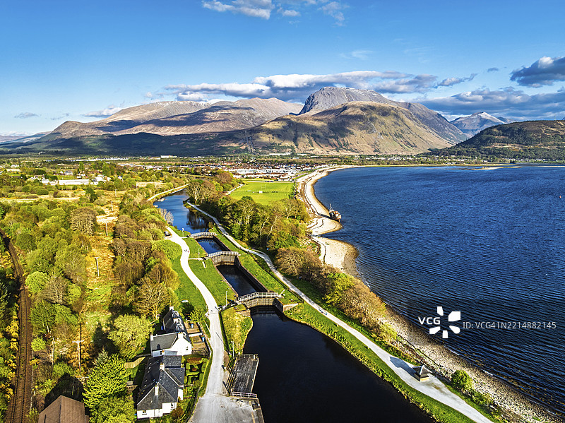 从无人机视角俯瞰苏格兰高地福特威廉的科尔帕赫、卡尔海滩和尼维斯山脉，英国，欧洲图片素材