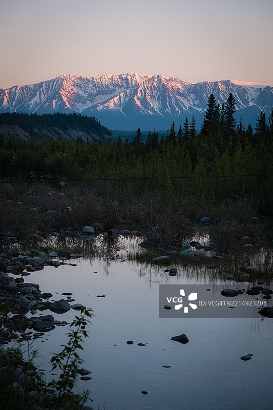 雪山环绕的湖泊美景，背景是蓝天，阿拉斯加麦卡锡，美国图片素材
