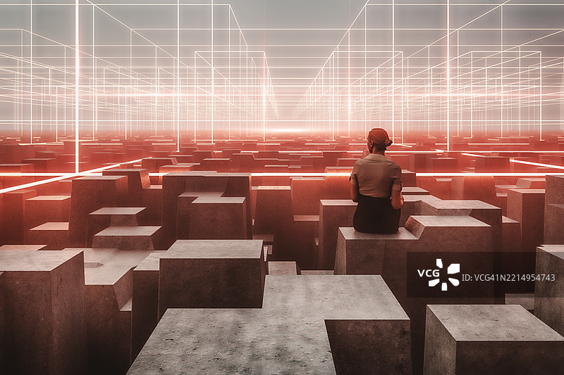 女商人在虚拟现实环境中坐着图片素材