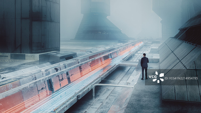 商人在未来城市中站立图片素材