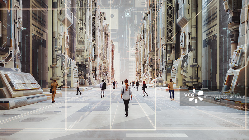 人们在未来城市中行走图片素材