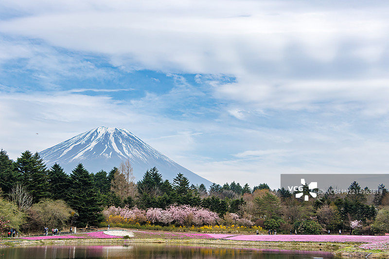 富士山倒映在湖面上。图片素材