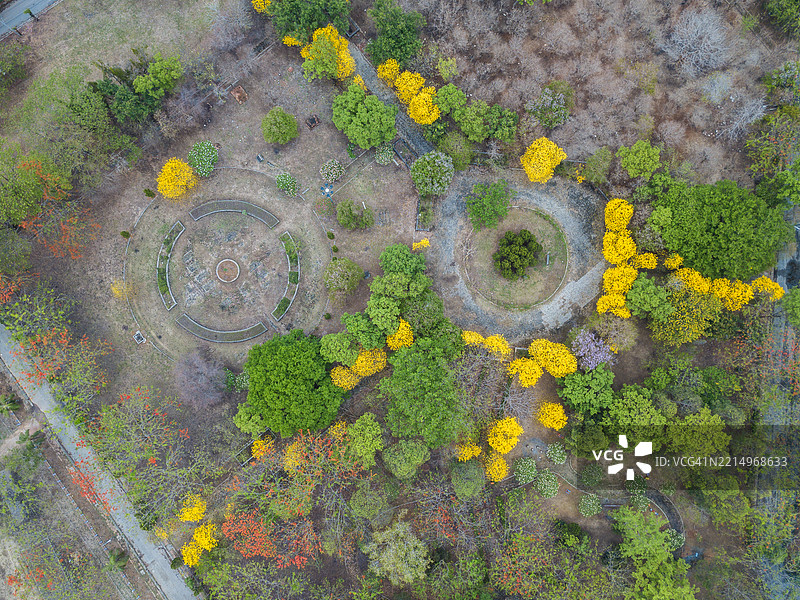 清莱省的清莱河河岸附近的海滩公园中圆形图案的抽象鸟瞰图。图片素材