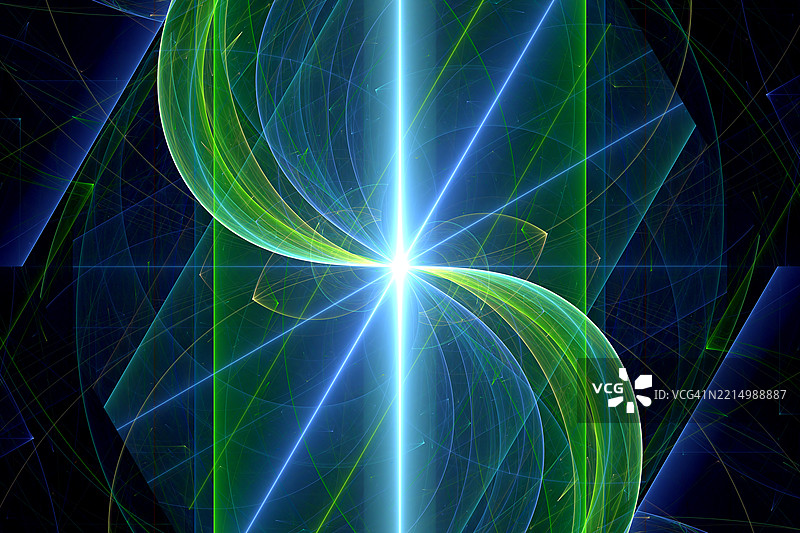 发光的对称光形，带有蓝色和绿色弧线。抽象数字分形艺术，展示从明亮中心点辐射出的交错蓝色和绿色光弧。图片素材
