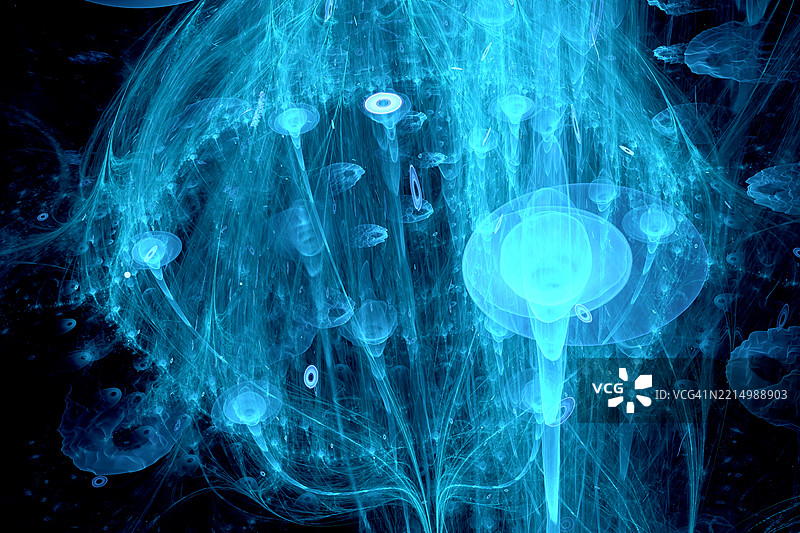 超现实的蓝色能量网与发光的抽象形态。复杂的蓝色抽象水下水母构图，类似于发光的能量分形网或运动中的深海生物发光现象。图片素材
