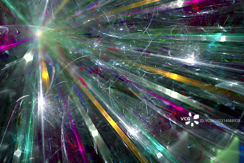 色彩斑斓的光线在抽象运动中辐射。鲜艳的绿色、粉色和黄色光线从明亮的中心爆发，形成一个充满活力的抽象场景。图片素材