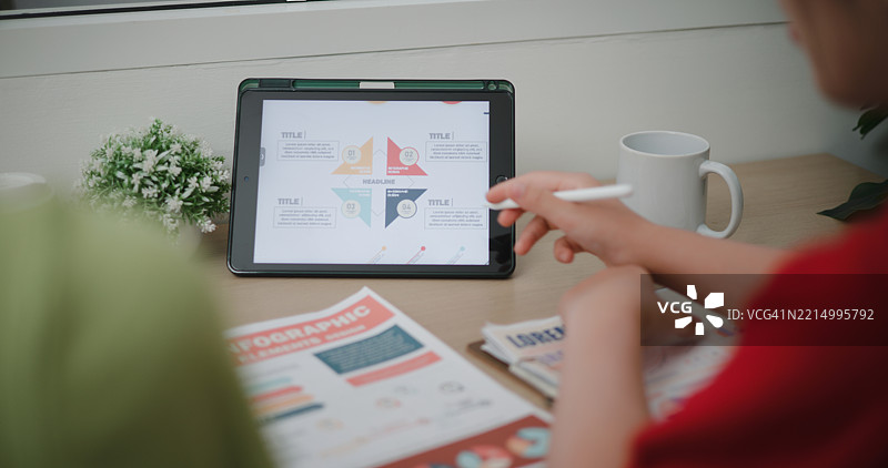 两位亚洲女性在家中的客厅桌子上一起规划财务。图片素材