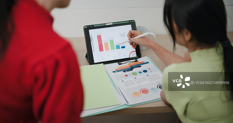 两位亚洲女性在家中的客厅桌子上一起规划财务。图片素材