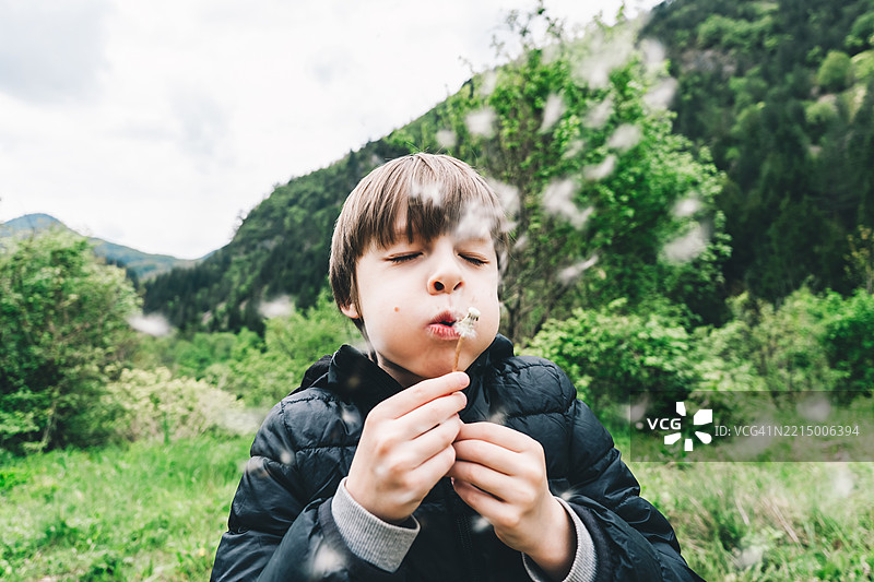 年轻男孩在春天的自然环境中吹蒲公英种子，背景是郁郁葱葱的绿色。图片素材