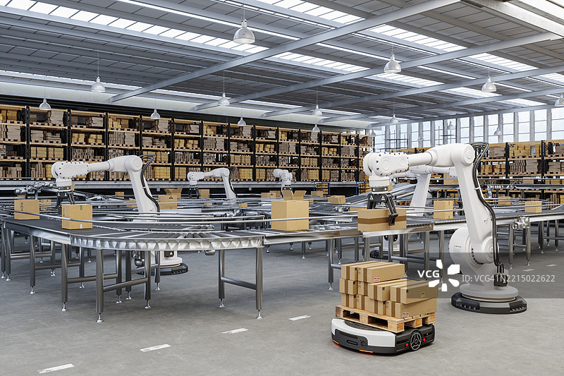 配有自动引导车和在传送带上工作的机器人的配送仓库图片素材
