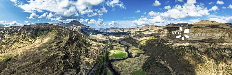 从无人机拍摄的苏格兰佩斯郡多查特河和A85公路上的农场和山脉全景图片素材