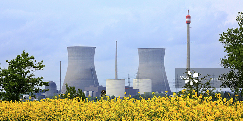 德国的根德明根核电站。前景是明亮的黄色油菜花田,与核电站的灰色冷却塔形成鲜明对比。高大的塔楼主导着景观,而红白相间的烟囱图片素材