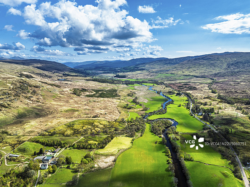 从无人机拍摄的苏格兰佩斯郡多查特河和A85公路上的农田与山脉图片素材