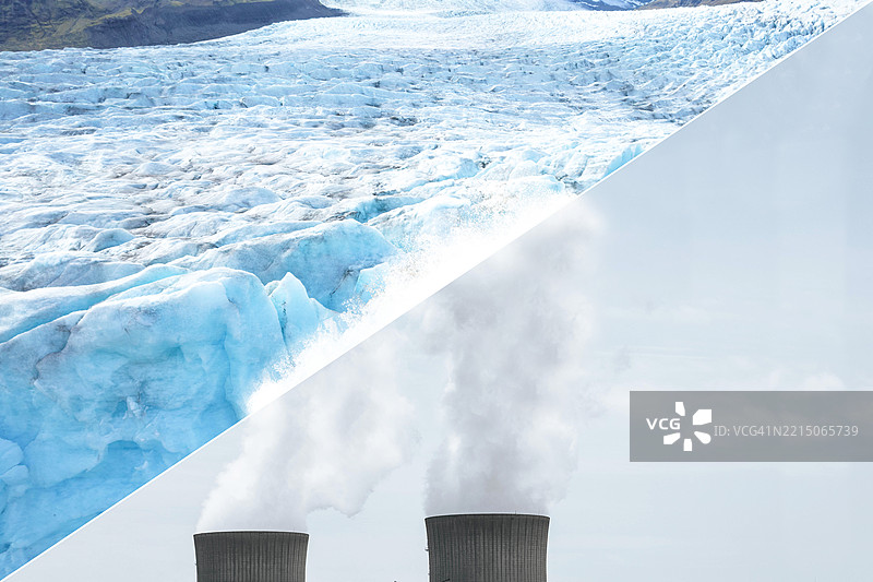 融化的冰川与工业污染，冷却塔象征着全球变暖和环境影响图片素材