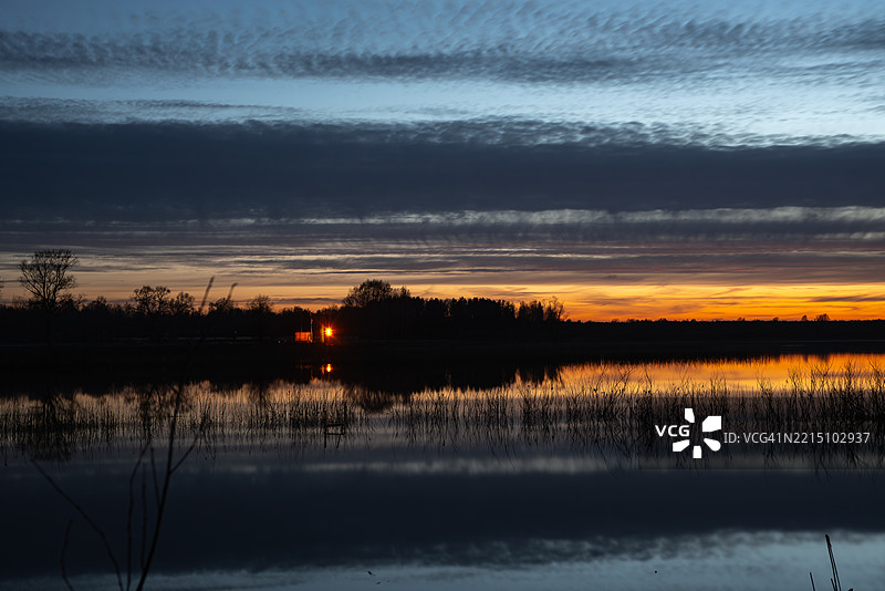 宁静的日落映照在平静的湖面上，天空中有戏剧性的云彩，树木的剪影，橙色的光线倒影，以及前景中的水生植物，拉脱维亚。图片素材