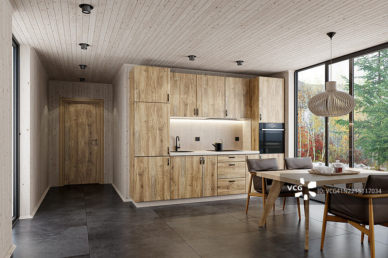 现代斯堪的纳维亚厨房，配有橡木橱柜和落地窗图片素材