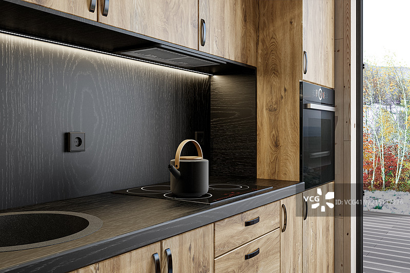 现代斯堪的纳维亚厨房配有乡村风格的橡木橱柜图片素材