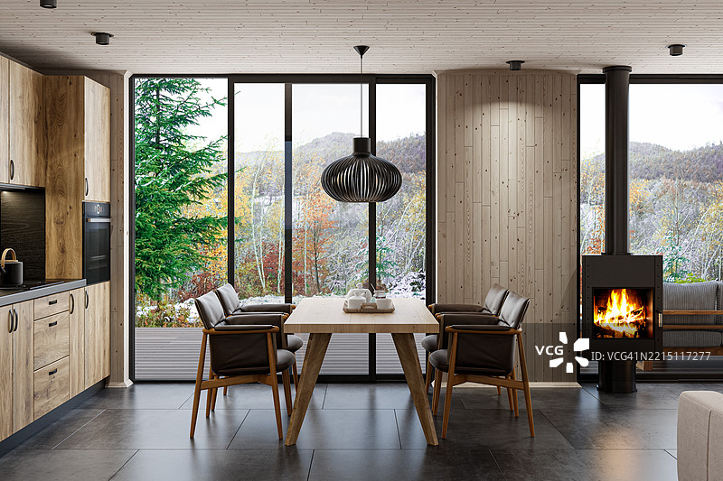 斯堪的纳维亚风格厨房室内，配有橡木橱柜和独立现代壁炉图片素材