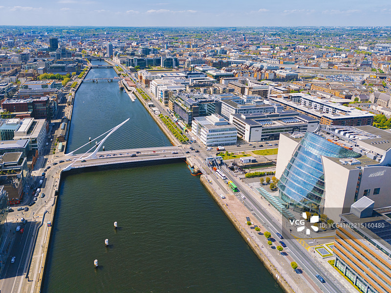 令人惊叹的都柏林市空中视角，展现了雄伟的利菲河和标志性的塞缪尔·贝克特大桥。图片素材