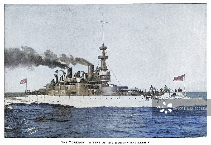 老式雕刻插图，展示了俄勒冈号战列舰（BB-3），这是为美国海军在1890年代建造的印第安纳级前无畏舰的第三艘也是最后一艘成员。图片素材