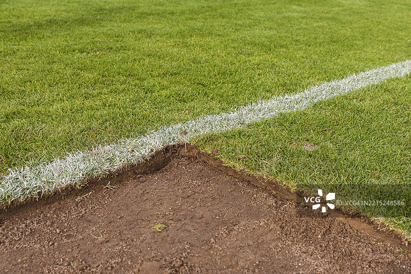 足球场内球门区域的修剪草皮图片素材