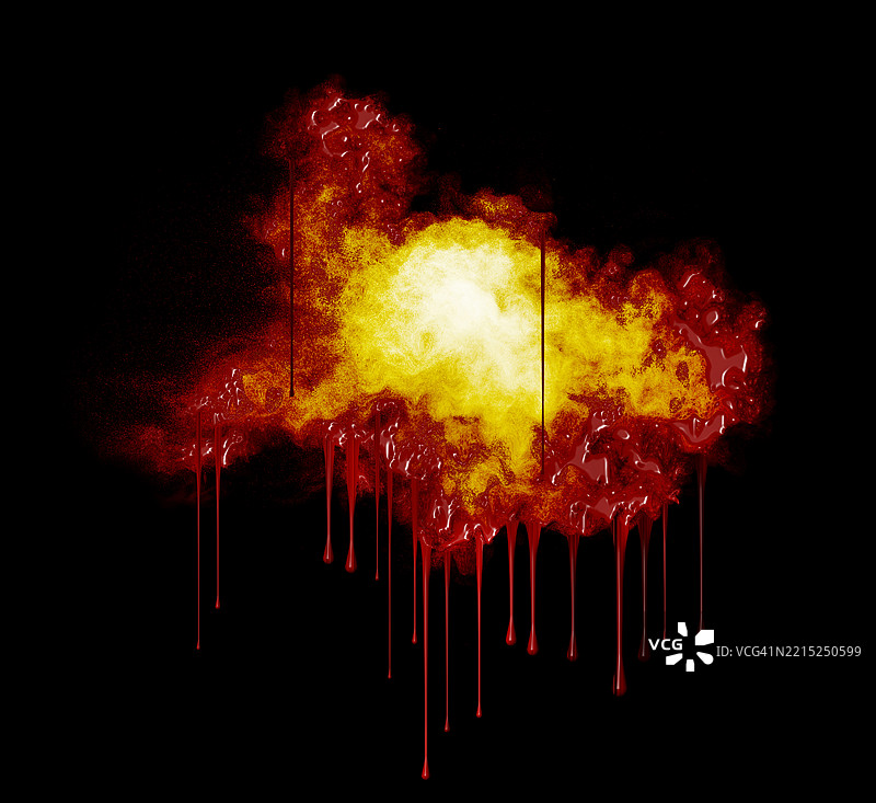 在黑色背景上， incandescent 液体爆炸，液滴滑落并滴落。图片素材