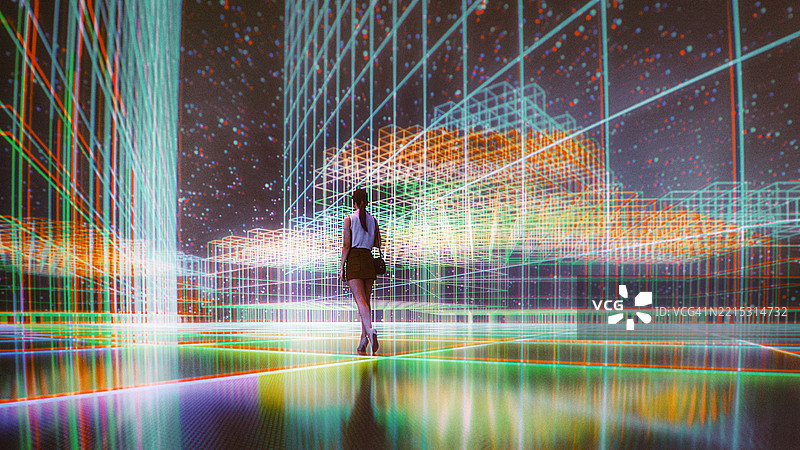 女性在虚拟现实环境中行走图片素材