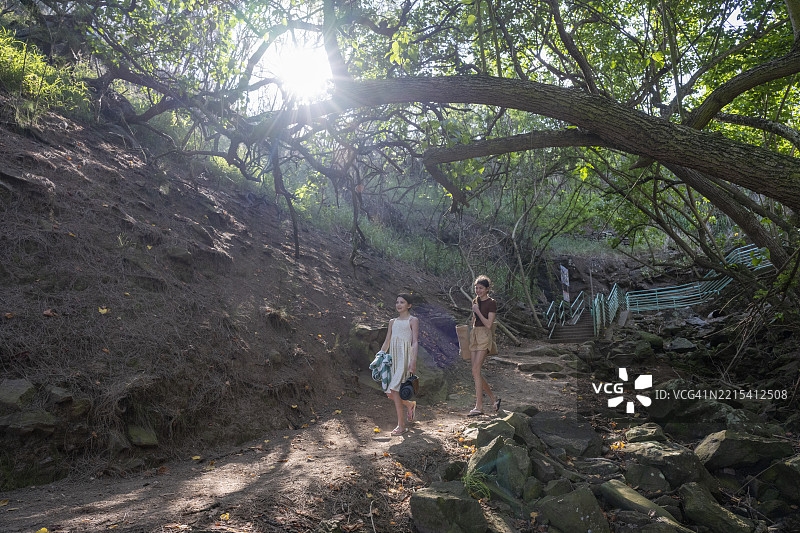 姐妹们在毛伊岛的森林小径上漫步图片素材