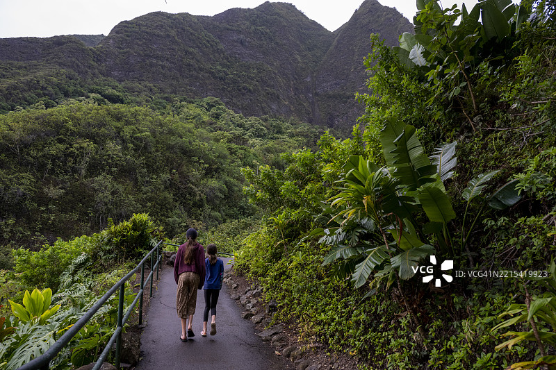 姐妹们在伊奥谷州立公园的雨林小径上漫步图片素材