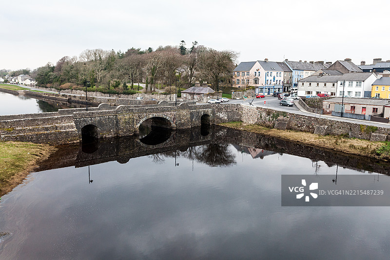 纽波特镇（Co Mayo）流经的黑橡树河的高空视图图片素材