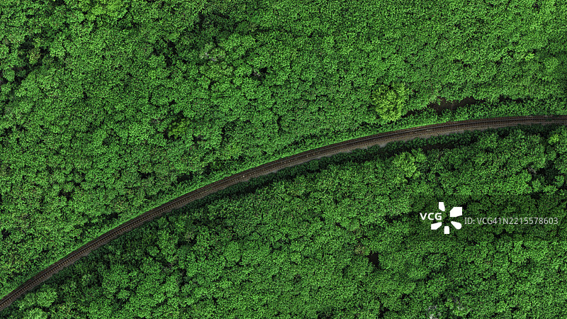 森林中弯曲的铁路轨道鸟瞰图。图片素材