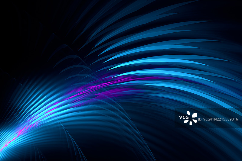 蓝色和紫色光线条形成抽象波浪图案。弯曲的蓝色和紫色光线条在黑暗背景下创造出流动的抽象波浪，暗示着速度和能量。图片素材