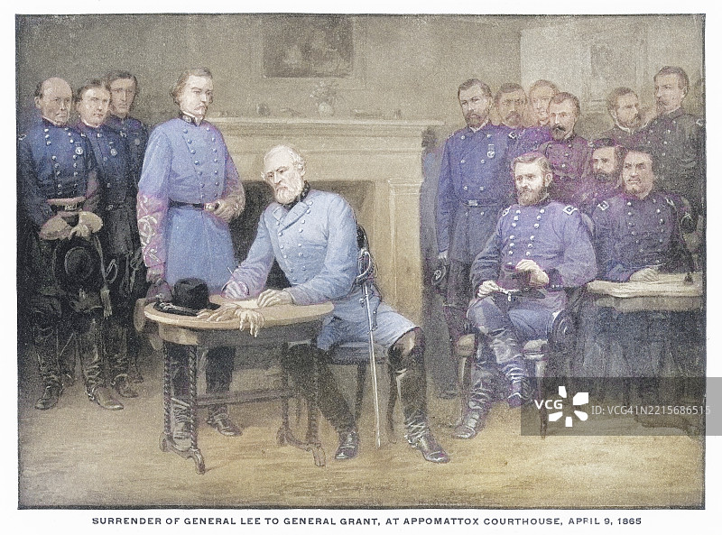 老式雕刻插图，描绘了李将军于1865年4月9日在阿波马托克斯法院正式向格兰特将军投降，标志着弗吉尼亚战争的结束（联邦胜利）。图片素材