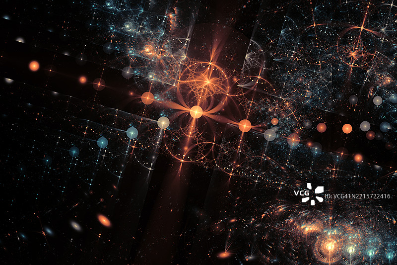 未来主义的宇宙网格，带有发光的球体和星系。抽象的数字场景，包含发光的球体、几何线条和类似星系的结构，背景为深邃的太空。图片素材