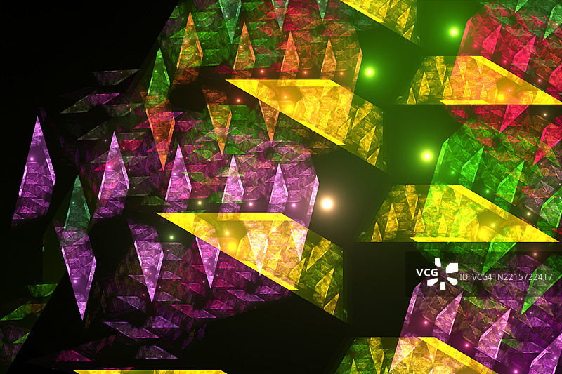 色彩斑斓的抽象几何图案，带有发光形状。数字艺术作品展示了在深色背景上层叠的三角形和多边形，色调鲜艳的紫色、绿色和黄色。图片素材