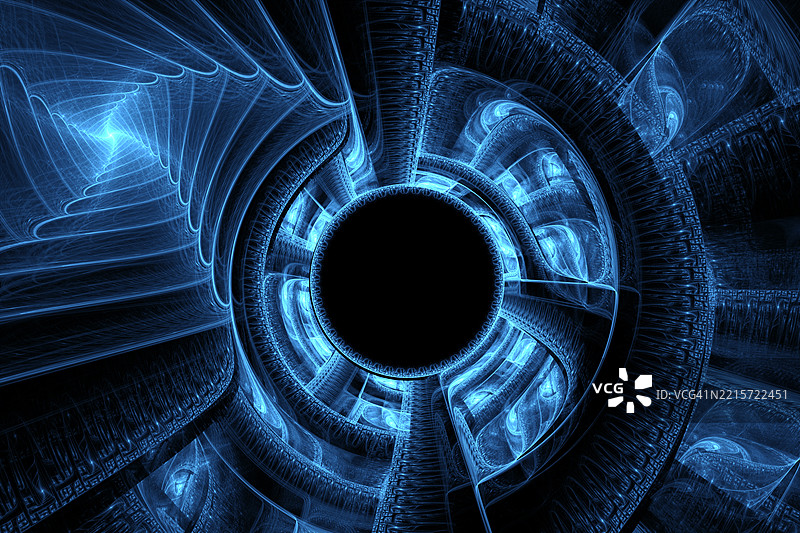 未来感蓝色隧道与中央黑色虚空。数字分形艺术描绘了一个发光的蓝色隧道结构，螺旋深入黑暗的中央虚空，唤起科幻和太空主题。图片素材