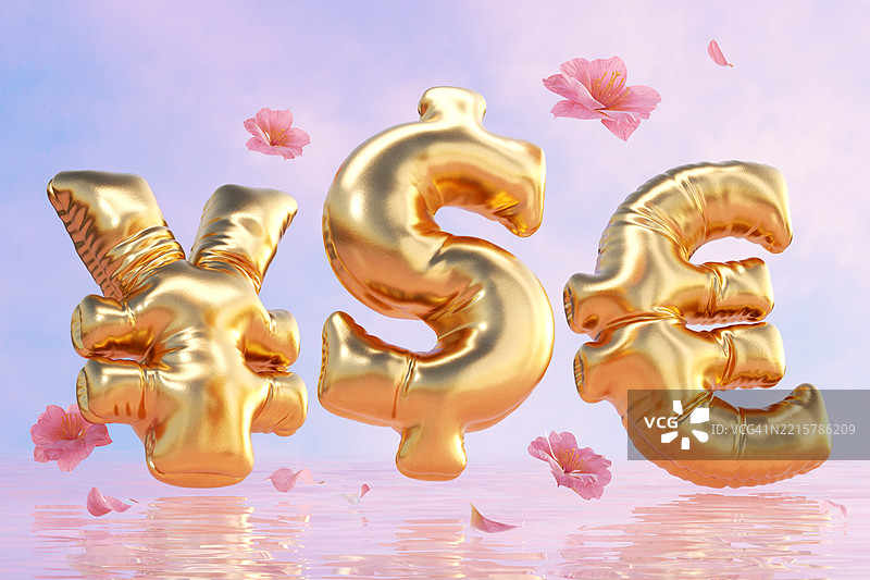 金元、美元和欧元符号漂浮在樱花盛开的粉色水面上图片素材