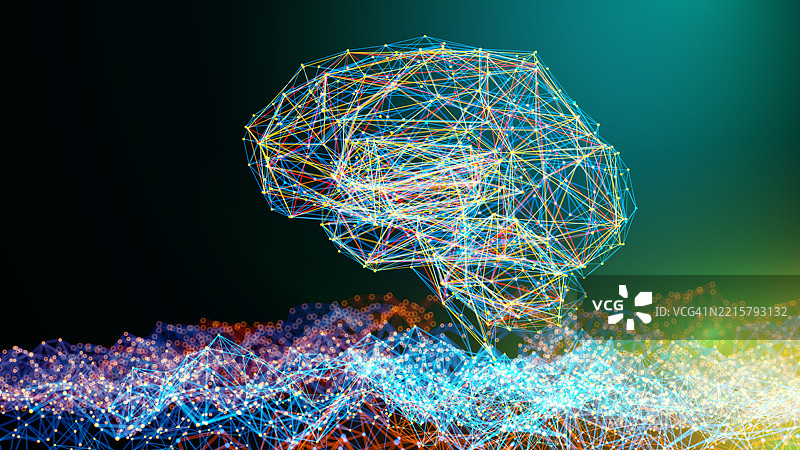 机器学习概念。人工智能 - AI。由点和线连接的脑形图图片素材