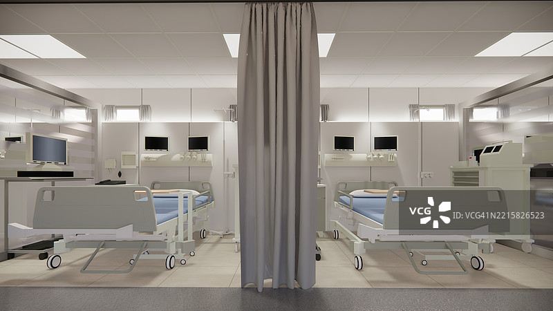 现代豪华医院房间室内，空床和扶手椅。现代手术室。现代手术室。图片素材