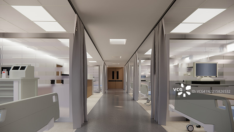 现代豪华医院房间室内，空床和扶手椅。现代手术室。现代手术室。图片素材