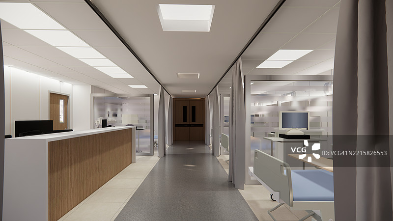 现代豪华医院房间内部，空床和扶手椅。现代手术室。现代手术室。图片素材